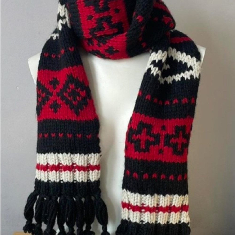Polo Ralph Lauren Chunky Red, Black & White Knit Scarf 100% Wool Warm Men/Women